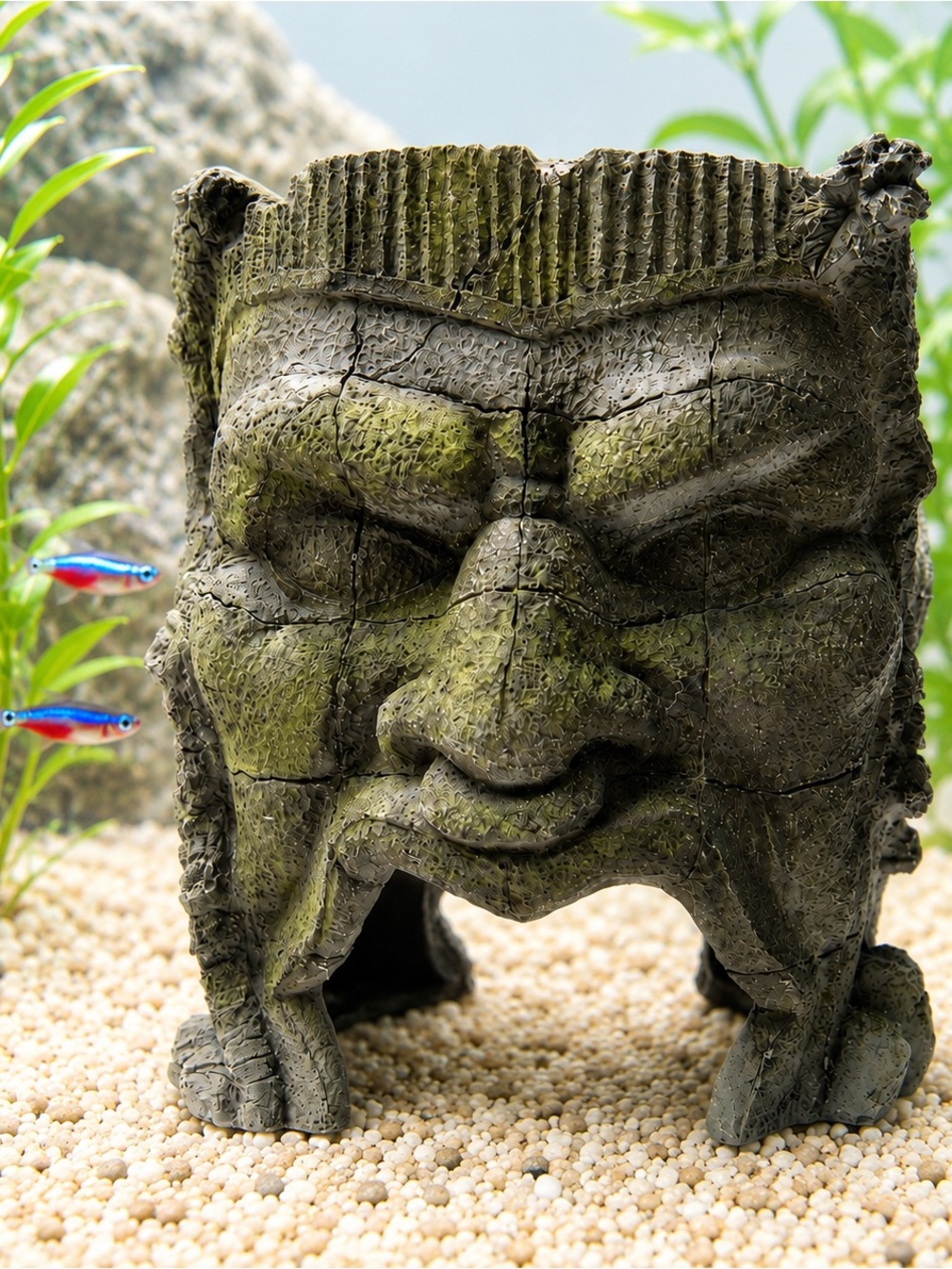 Ancient Ruins Stone Face Aquarium Decor Resin Fish Hideout Cave Large
